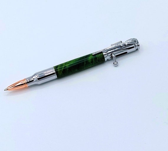 PSI Bolt Action Pen Cal 30 Chrome V2 ballpoint pen. Paper grain with resin