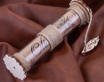 Personalized Wood Scroll Wedding Invitation with Box: Rustic Vintage Design (30 pcs.)