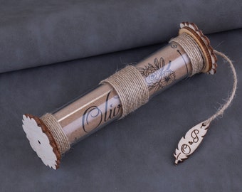 Rustic Scroll Wedding Invitation: Wood & Acrylic, Custom Engraved