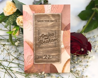 Save the date magnets + card, wooden monogram detail invitation
