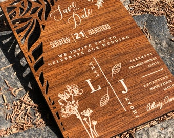 Rustic Wedding Invitation, Wooden Engraved Invitation, Monogram Save the Date