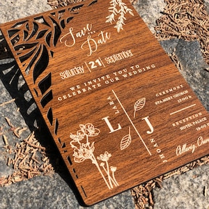 Rustic Wedding Invitation, Wooden Engraved Invitation, Monogram Save the Date