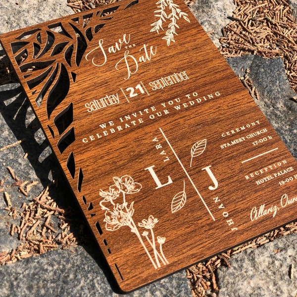 Rustic Wedding Invitation, Wooden Engraved Invitation, Monogram Save the Date