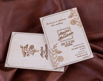 Invitación de boda de madera de hoja, invitaciones temáticas rústicas, invitación de recepción de boda, madera guardar la fecha