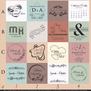 May include: A grid of wedding-themed designs with names and dates. The designs include floral elements, hearts, and decorative fonts. The color palette is soft, with pastel backgrounds and black text. The text includes names and dates, perfect for personalized wedding items.