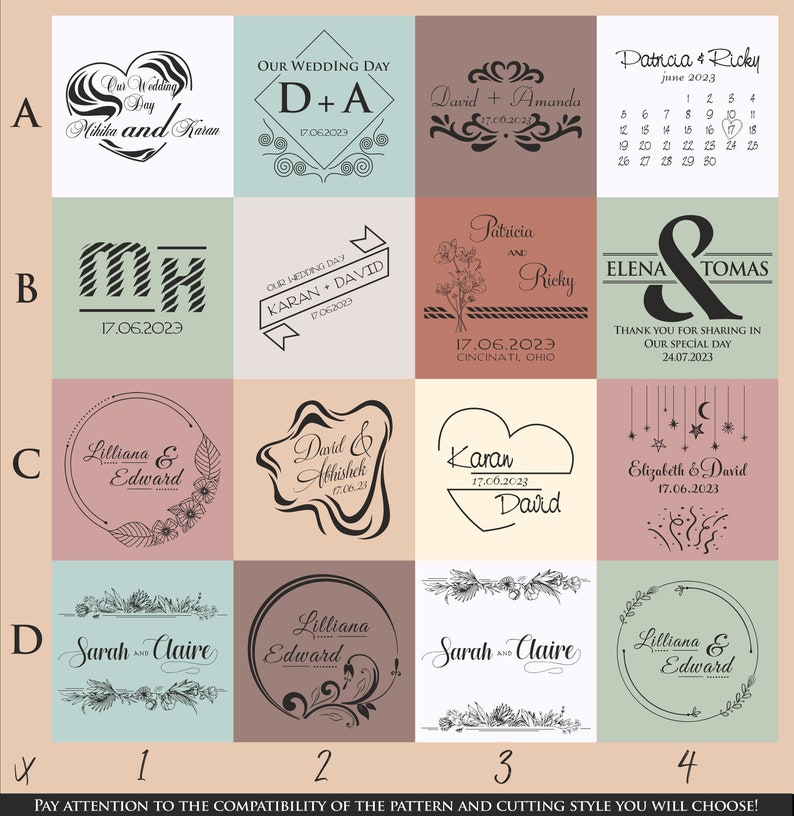 May include: A grid of wedding-themed designs with names and dates. The designs include floral elements, hearts, and decorative fonts. The color palette is soft, with pastel backgrounds and black text. The text includes names and dates, perfect for personalized wedding items.