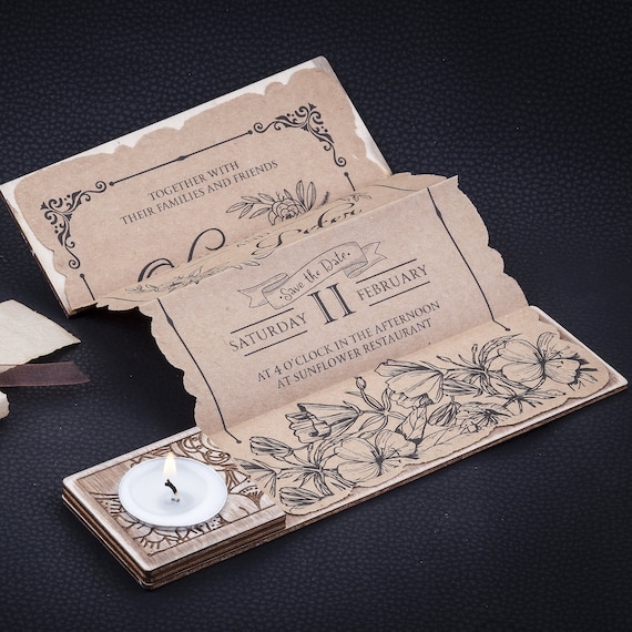 Rustic Wood Wedding Invitation: Candle & Kraft Paper, Custom Engraved