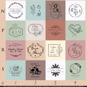 May include: A grid of 16 wedding-themed designs in black and white. Each design features names, dates, and floral or decorative elements. The designs include circles, hearts, and rectangular shapes, perfect for wedding invitations or decor.