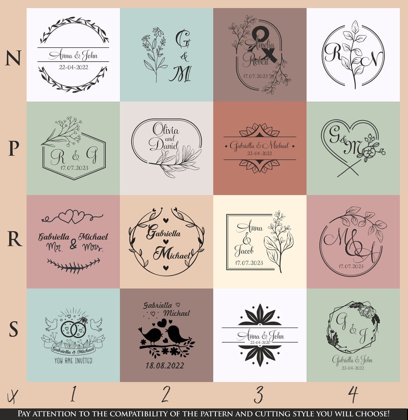 May include: A grid of 16 wedding-themed designs in black and white. Each design features names, dates, and floral or decorative elements. The designs include circles, hearts, and rectangular shapes, perfect for wedding invitations or decor.