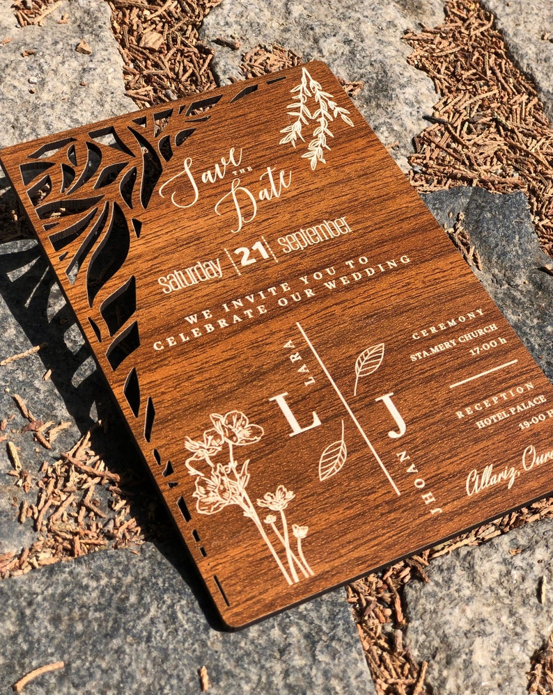 Rustic Wedding Invitation, Wooden Engraved Invitation, Monogram Save the Date image 1