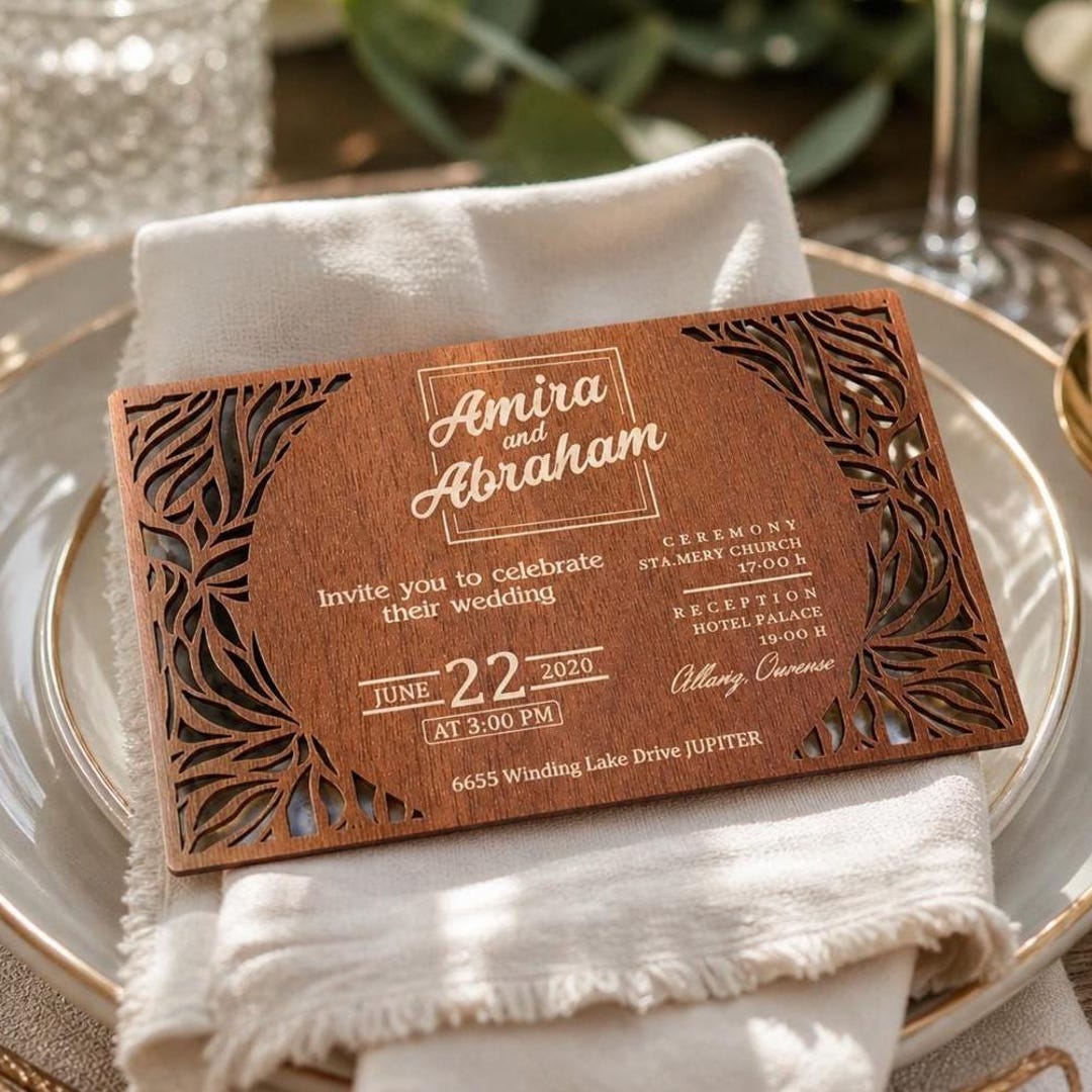 Personalized Rustic Wooden Wedding Invitation, Botanical Laser Cut ...