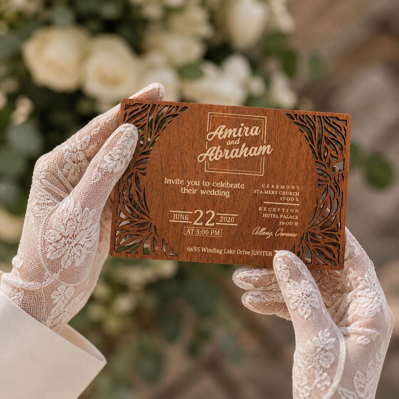 Personalized Rustic Wooden Wedding Invitation, Botanical Laser Cut ...