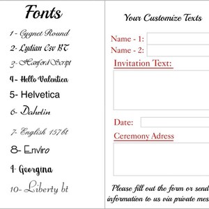 May include: A printable wedding invitation template with a list of fonts to choose from. The template includes fields for the couple's names, invitation text, date, and ceremony address. The text "Please fill out the form or send the information to us via private message." is included at the bottom.