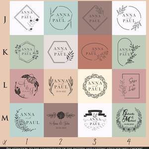 May include: A grid of 16 wedding logo designs in various shapes, including circles, squares, and ovals. Each design features the names "Anna and Paul" or other names, with floral or botanical elements. The color palette includes muted tones like green, pink, and brown.