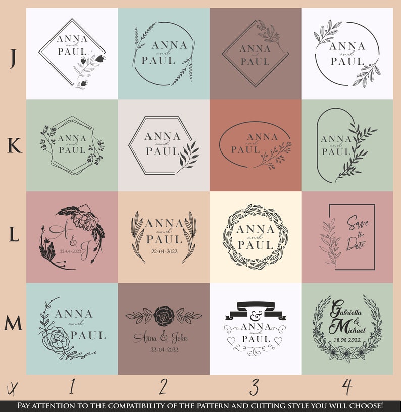 May include: A grid of 16 wedding logo designs in various shapes, including circles, squares, and ovals. Each design features the names "Anna and Paul" or other names, with floral or botanical elements. The color palette includes muted tones like green, pink, and brown.