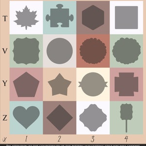 May include: A grid of sixteen gray shapes, including a maple leaf, puzzle piece, hexagon, and square, arranged in four rows and four columns. The letters T, V, Y, and Z are on the left. The numbers 1, 2, 3, and 4 are at the bottom. Text reads: PAY ATTENTION TO THE COMPATIBILITY OF THE PATTERN AND CUTTING STYLE YOU WILL CHOOSE!