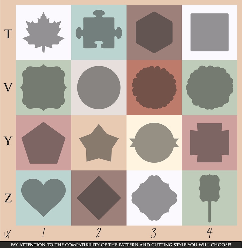 May include: A grid of sixteen gray shapes, including a maple leaf, puzzle piece, hexagon, and square, arranged in four rows and four columns. The letters T, V, Y, and Z are on the left. The numbers 1, 2, 3, and 4 are at the bottom. Text reads: PAY ATTENTION TO THE COMPATIBILITY OF THE PATTERN AND CUTTING STYLE YOU WILL CHOOSE!
