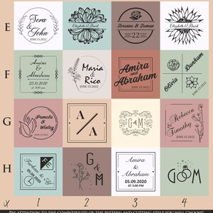 May include: A collection of personalized wedding or event logos in various styles. Designs include floral elements, initials, and names with dates. The color palette features soft pastels and neutral tones, suitable for invitations or signage.