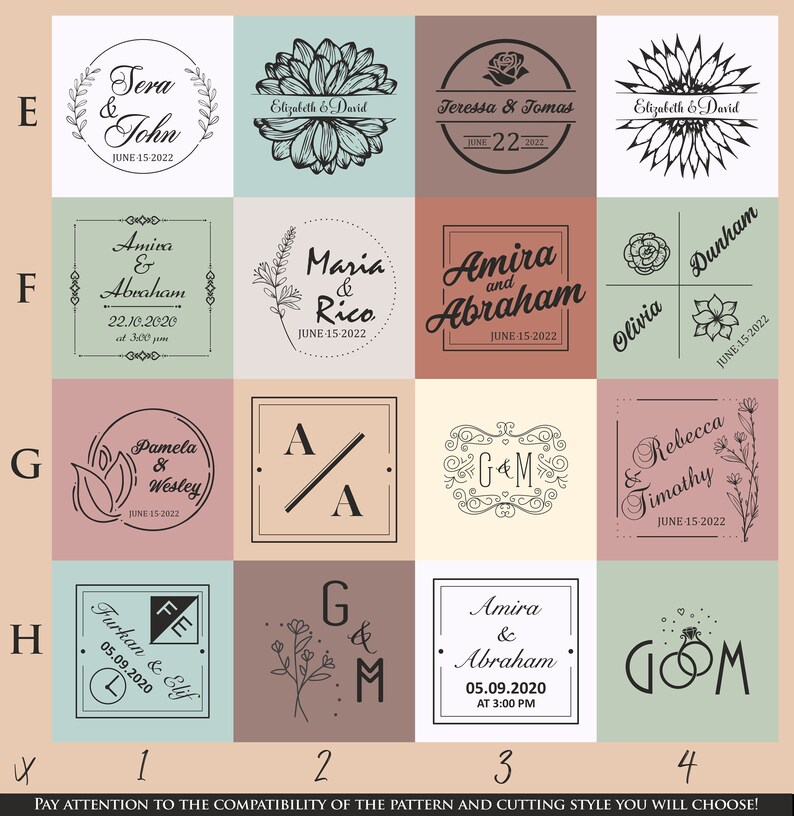 May include: A collection of personalized wedding or event logos in various styles. Designs include floral elements, initials, and names with dates. The color palette features soft pastels and neutral tones, suitable for invitations or signage.