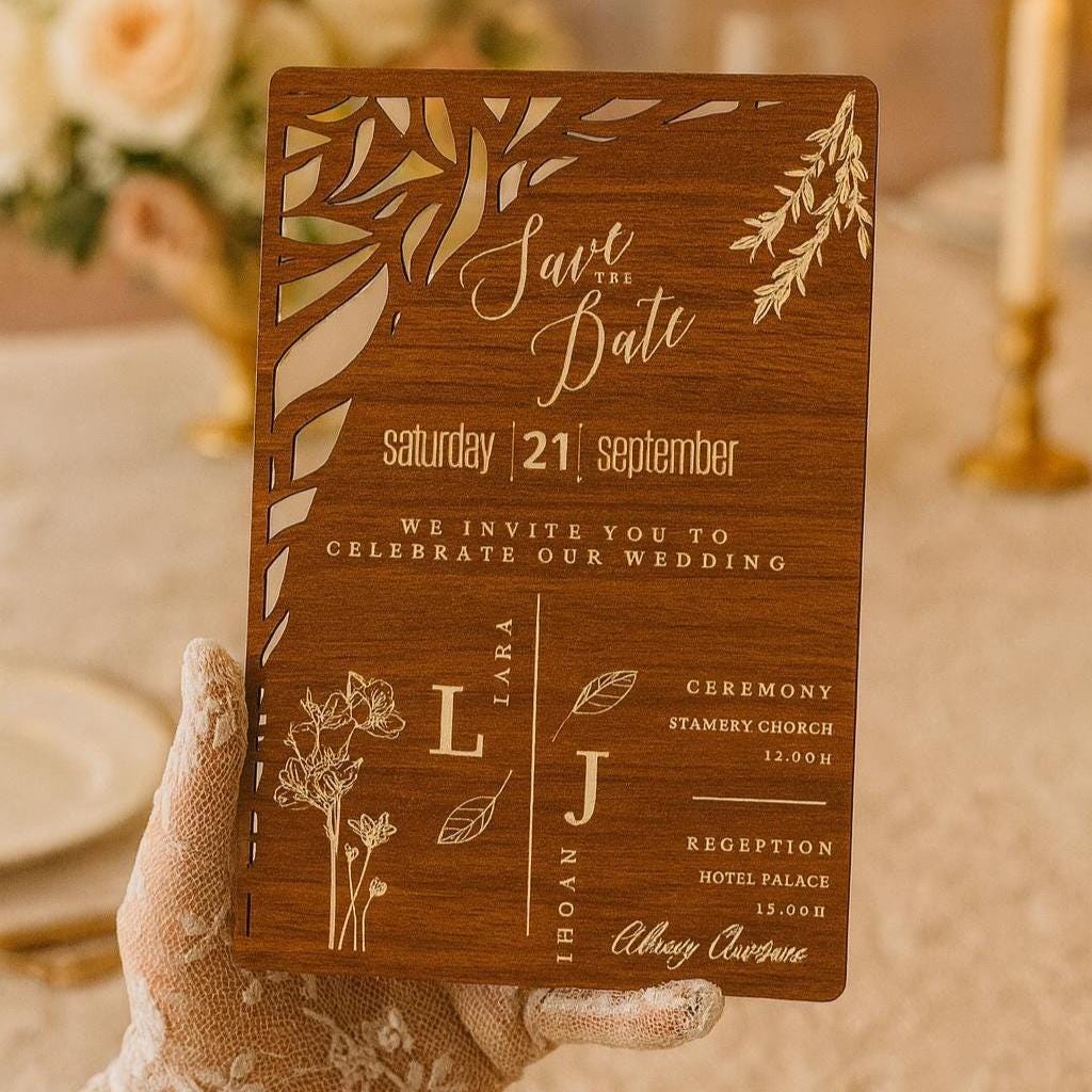Personalized Wooden Wedding Invitation Engraved Save