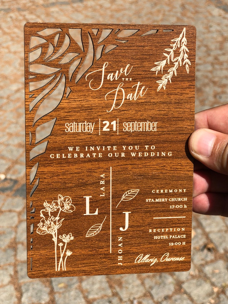 Rustic Wedding Invitation, Wooden Engraved Invitation, Monogram Save the Date image 5