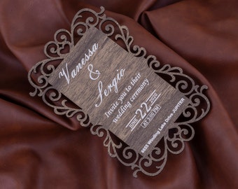 Recycled wood walnut veneer patterned wooden invitation, Rustic wedding invitation, Boho wedding invitation, country wedding invitations