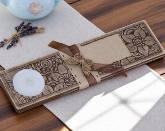 Rustic Candle Wedding Invitation: Engraved Wood, Butterfly Ribbon