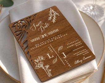 Invito di nozze rustico in legno, Save the Date inciso al laser, in MDF (10x15 cm)