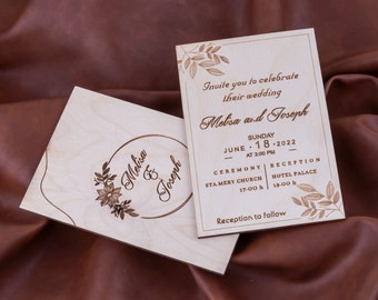 Rustic Wedding invitations, Wedding Invitation card, Wood invite Set, Double sided laser engraved real wood invitation card