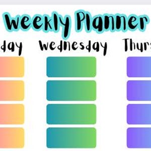 May include: A vibrant weekly planner with a white backdrop. The planner showcases a gradient colour scheme for each day, with time slots from 7:00 to 10:00. The words "Weekly Planner" are in a playful font, and there are floral and sun illustrations.