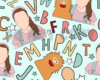 May include: A seamless pattern featuring a light blue background with colorful letters, stars, and illustrations of a person and a furry orange monster. The letters are in a variety of fonts and colors, and the stars are white. The person is wearing a pink shirt and blue overalls, and the monster has a red mouth and black eyes.