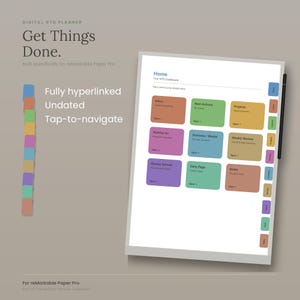 May include: A digital GTD planner for reMarkable Paper Pro featuring a home dashboard with colorful, hyperlinked navigation cards labeled Inbox, Next Actions, Projects, Waiting On, Someday/Maybe, Weekly Review, Weekly Spread, Daily Page, and Notes.