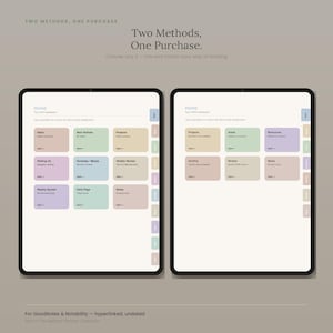 May include: Two digital tablet screens displaying a productivity planner interface with pastel-coloured navigation buttons. The text reads Two Methods, One Purchase, Home, Inbox, Next Actions, Projects, Waiting On, Someday/Maybe, Weekly Review, Weekly Spread, Daily Page, Notes, Areas, Resources, Archive, and Review.