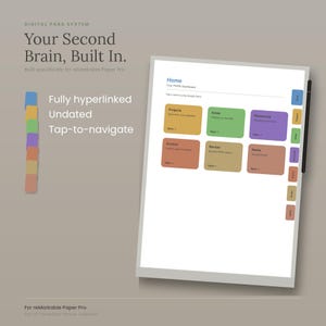 May include: A digital planner interface for reMarkable Paper Pro featuring a Home dashboard with six colored rectangular buttons labeled Projects, Areas, Resources, Archive, Review, and Notes. A black stylus rests on the right side of the screen.