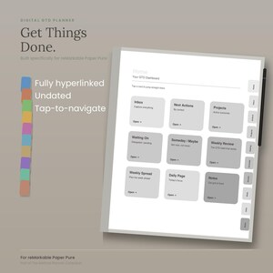 May include: A digital GTD planner for reMarkable Paper Pure featuring a dashboard with navigation cards for Inbox, Next Actions, Projects, Waiting On, Someday/Maybe, Weekly Review, Weekly Spread, Daily Page, and Notes, with a side tab menu.