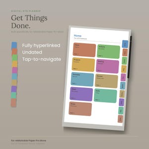 Peut inclure: Un planificateur numérique GTD pour reMarkable Paper Pro Move avec un tableau de bord composé de sections rectangulaires colorées nommées Inbox, Actions, Projects, Waiting, Someday, Review, Week, Daily et Notes. Inclut un stylet noir et des onglets.