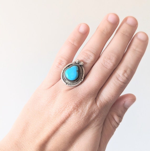 Vintage Turquoise Silver Native American Ring, Si… - image 1