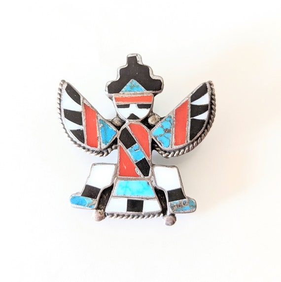 Vintage Zuni Knifewing Brooch, Silver with Mosaic 
