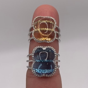 Natural and Handmade, Blue and Yellow Topaz Diamond ring, 14ct White Gold, Very Fashionable