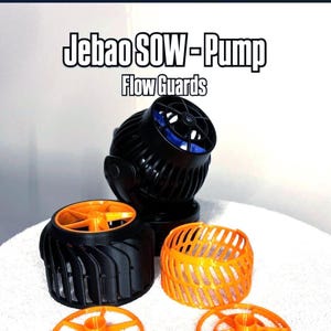 May include: A black Jebao SOW-Pump with Flow Guards, alongside several orange and black flow guards. The pump has a blue interior. The text "Jebao SOW-Pump" and "Flow Guards" is displayed in white.