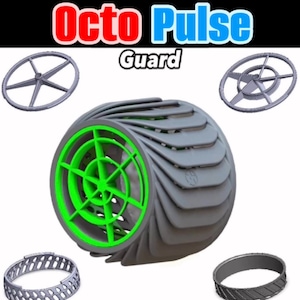 以下が含まれることがあります： 水ポンプ用のグレーとグリーンのOcto Pulse Guard。ガードはプラスチック製で、水流を作るために回転するブレードが複数付いています。ガードは、ポンプをゴミやその他の物体から保護するために設計されています。