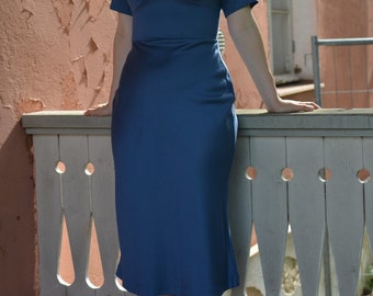 Dusty Blue Bias Cut 30s Style Midi Dress