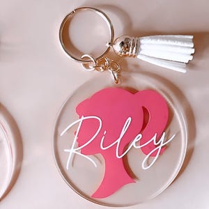 Personalized pink keychain, Pink doll keychain, Acrylic keychain, Name Keychain