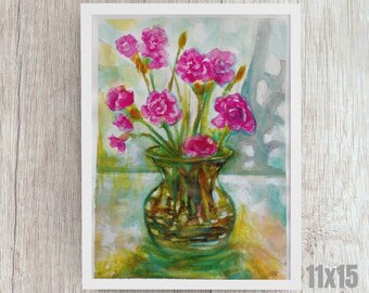 Original watercolor flowers - Still life on paper - Hand painted watercolor still life - Handmade watercolor flowers - Pink flowers painting