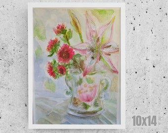 Watercolor flower painting - Still life on paper - Flower art 10 x 14 - Original still life -  Flower vase sketch - Watercolor still life