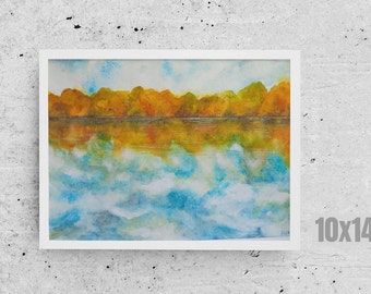 Original landscape lake - 10x14  watercolor - Watercolor landscape fall lake - Watercolor landscape lake - Lake art 10 x 14 - Fall lake art