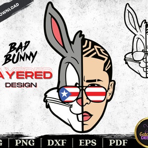 BAD BUNNY face SVG |  Puerto Rico sunglasses | El Conejo Malo Layered Cut files, sublimation | Eps, Dxf, Png | Instant Digital Download