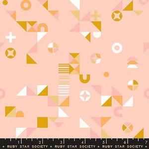 May include: A pink fabric with a repeating pattern of geometric shapes in white, gold, and peach. The shapes include triangles, circles, squares, and stars.