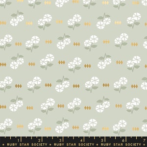 May include: A repeating pattern of white stylized flowers with green stems on a light green background. Gold glitter diamond shapes are scattered throughout the pattern.