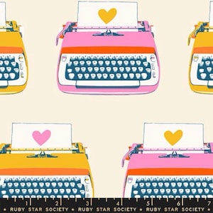 May include: A repeating pattern featuring colorful typewriters in shades of pink, yellow, and orange. Each typewriter has a sheet of paper with a heart shape. The text "RUBY STAR SOCIETY" is at the bottom.